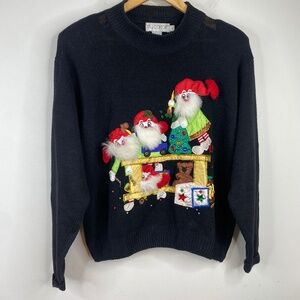 Vintage Christmas Sweater MJ Carroll 3D Elves Beard Beaded Cotton Ramie Xmas 90s